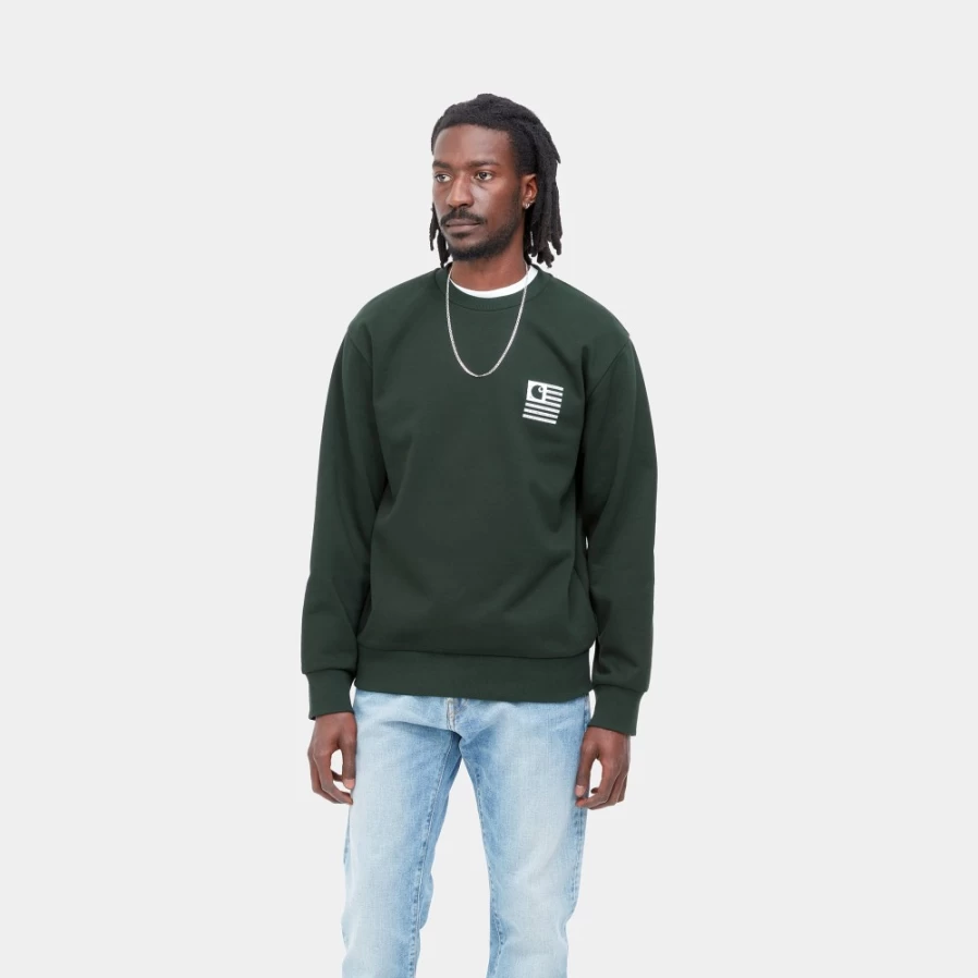 Carhartt WIP Men's Dark Cedar & White Label State Flag Pullover Sweatshirt
