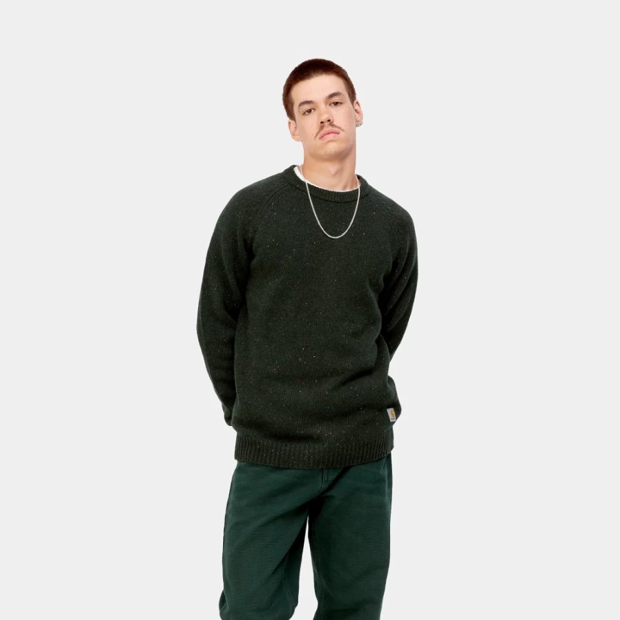 Carhartt WIP Men's Anglistic Sweater in Speckled Dark Cedar - Premium Knit Pullover