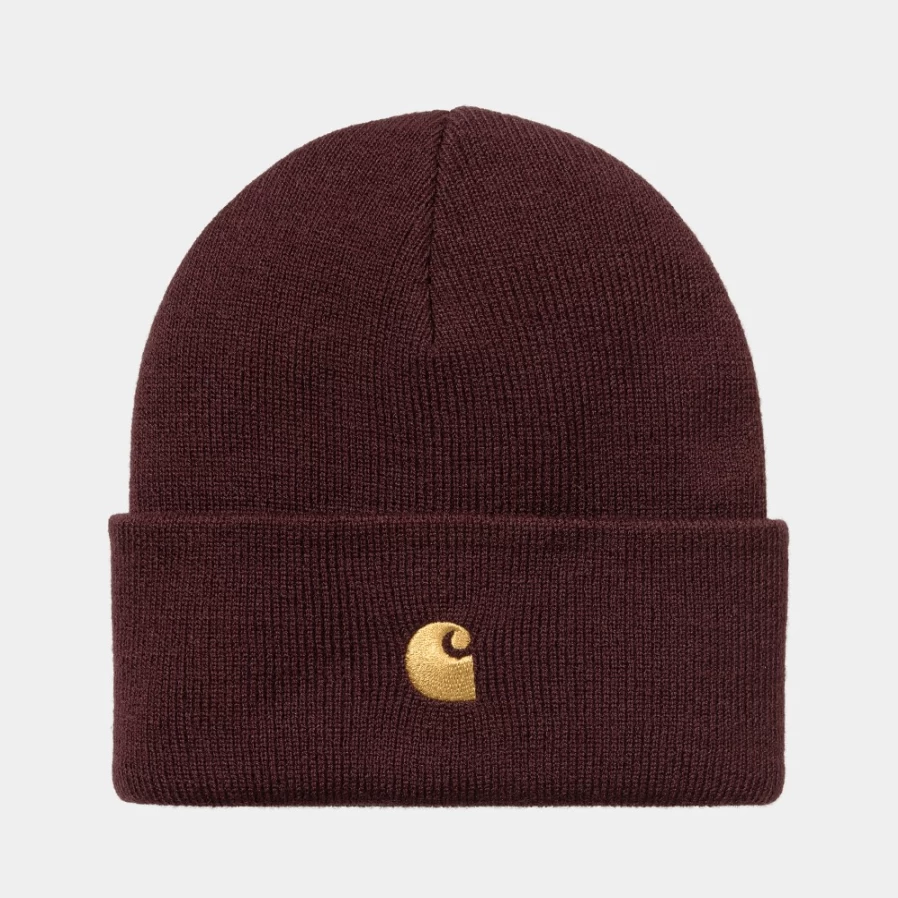 Carhartt WIP Chase Beanie - Amarone & Gold Color Winter Knit Hat for Men & Women