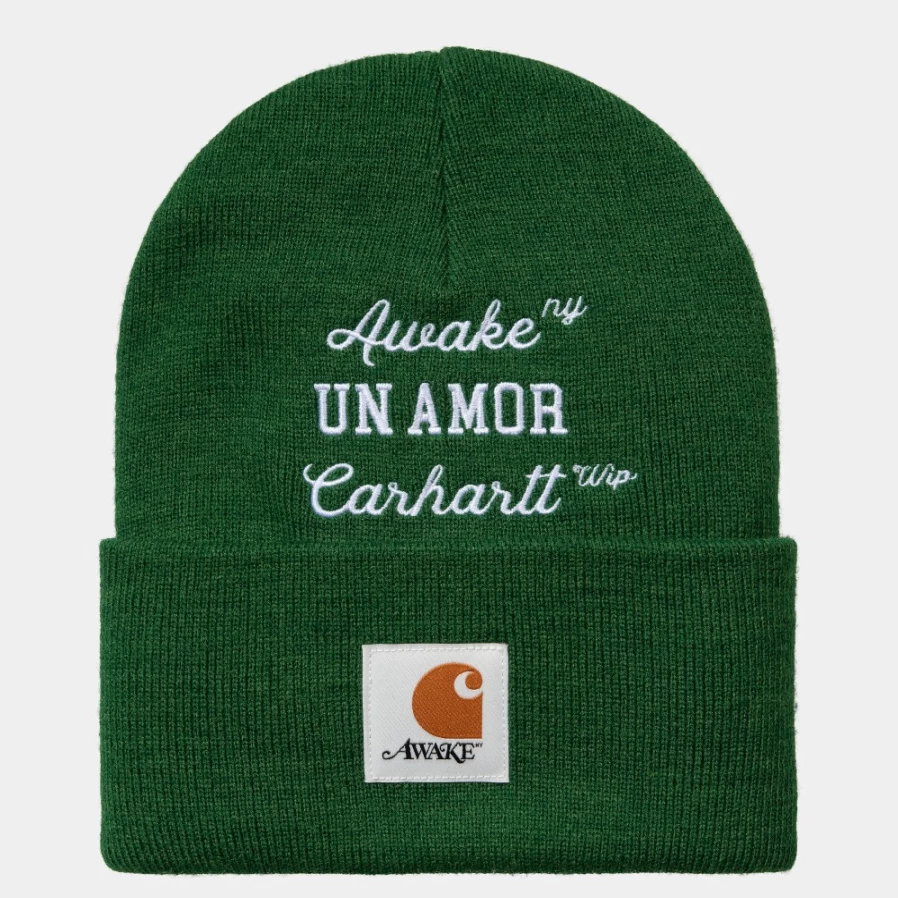 Carhartt WIP Un Amor Beanie in Awake NY Dark Green & White - Premium Knit Winter Hat