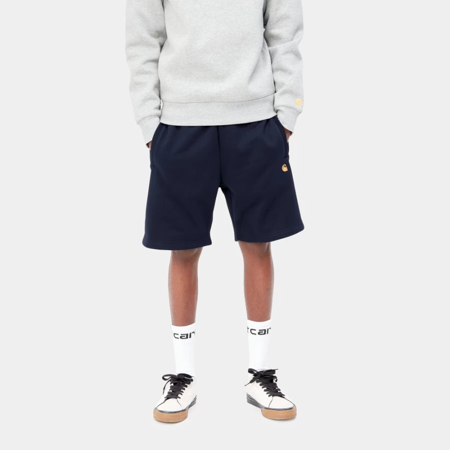 Carhartt WIP Men's Chase Sweat Shorts in Dark Navy & Gold - Comfortable Athletic Shorts for Men