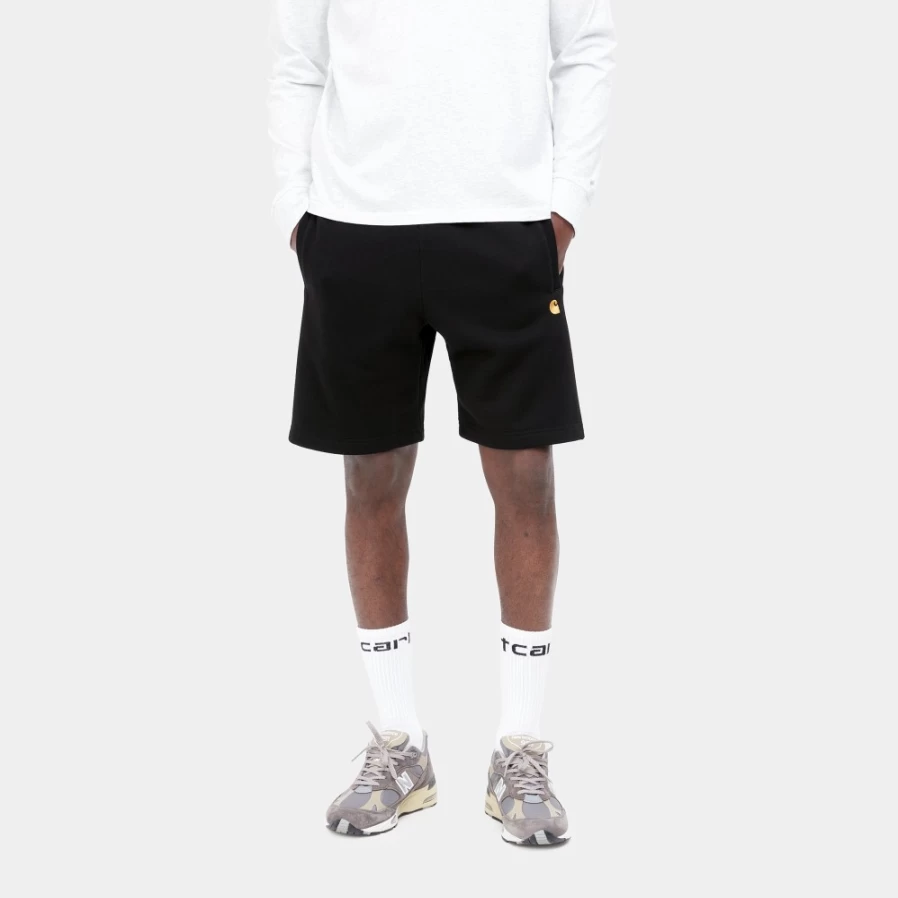 Carhartt WIP Men's Chase Sweat Shorts in Black & Gold - Comfortable Athletic Shorts for Men