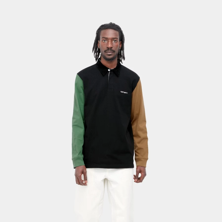 Carhartt WIP Men's Long Sleeve Cord Rugby Polo Shirt - Black & Multicolor Striped Casual Top