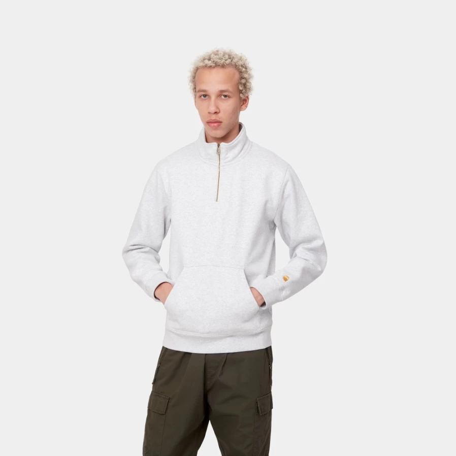 Carhartt WIP Men's Chase Neck Zip Sweatshirt in Ash Heather & Gold | Heavyweight Fleece Pullover