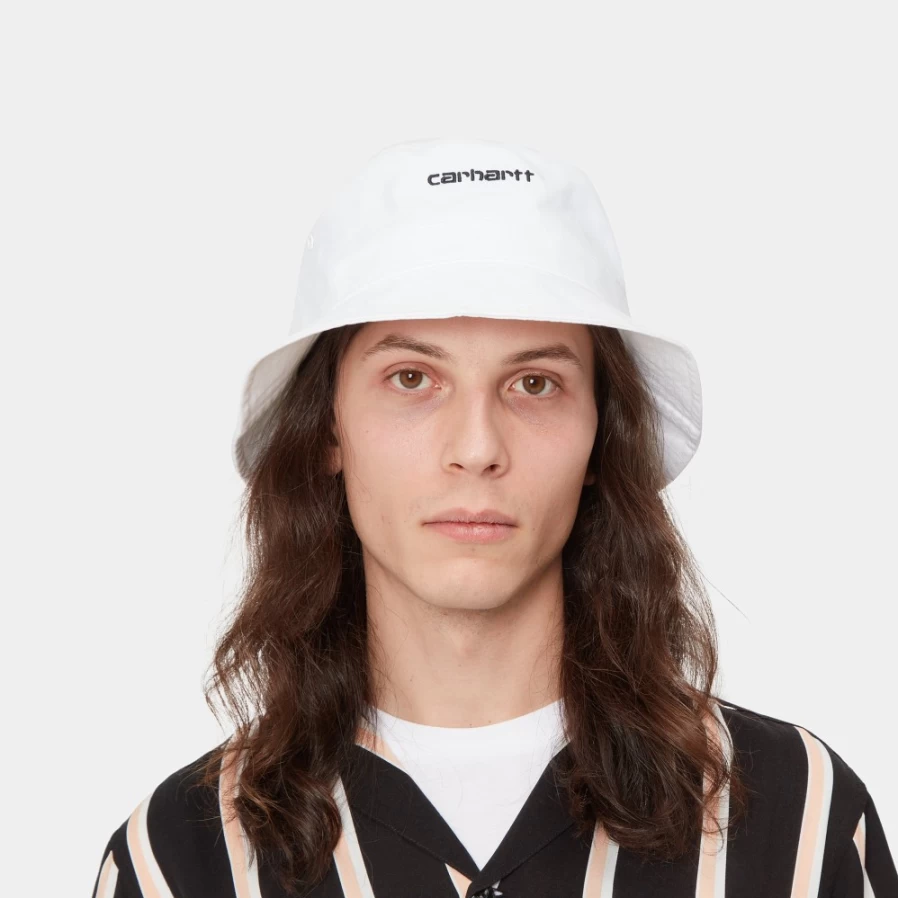 Carhartt WIP Script Bucket Hat - White & Black Unisex Adjustable Washed Cotton Cap