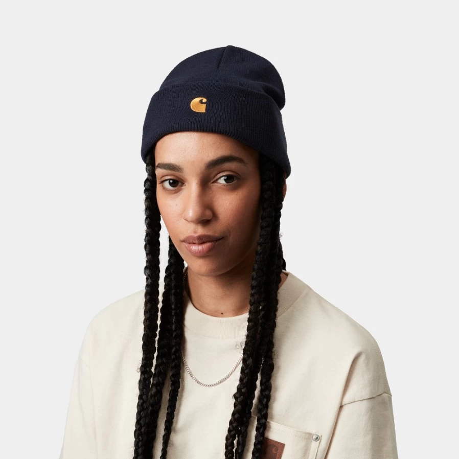 Carhartt WIP Chase Beanie - Dark Navy & Gold Winter Knit Hat for Men & Women