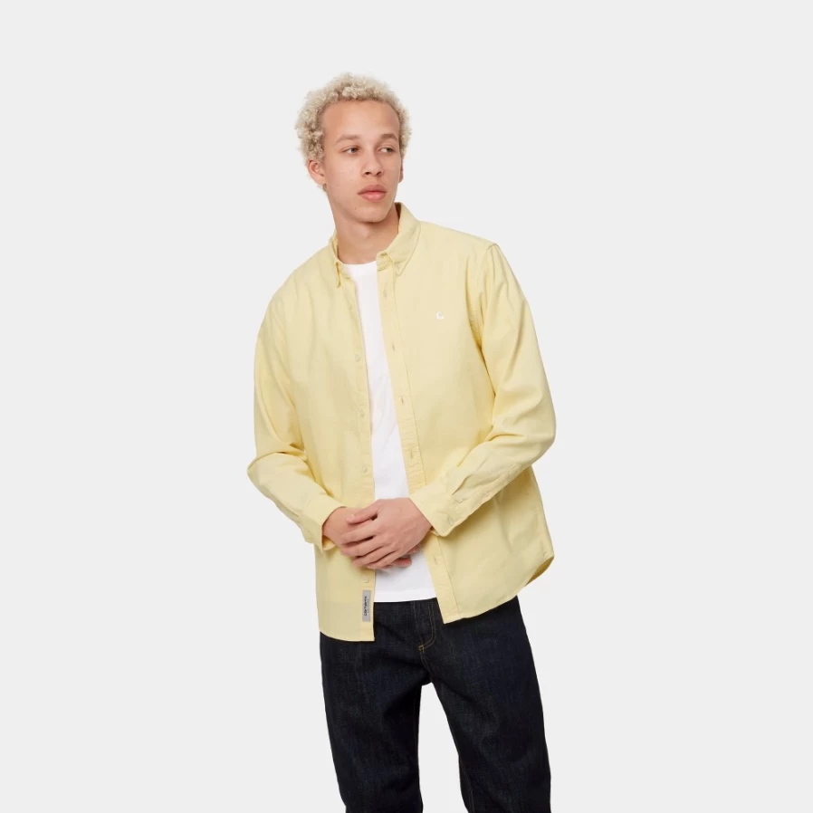 Carhartt WIP Madison Men's Long Sleeve Fine Cord Shirt in Soft Yellow & White