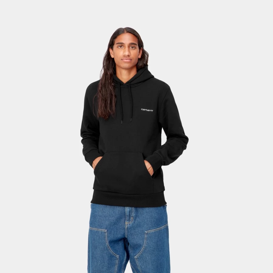 Carhartt WIP Men's Hooded Script Embroidery Sweatshirt - Black & White Pullover Fleece Hoodie