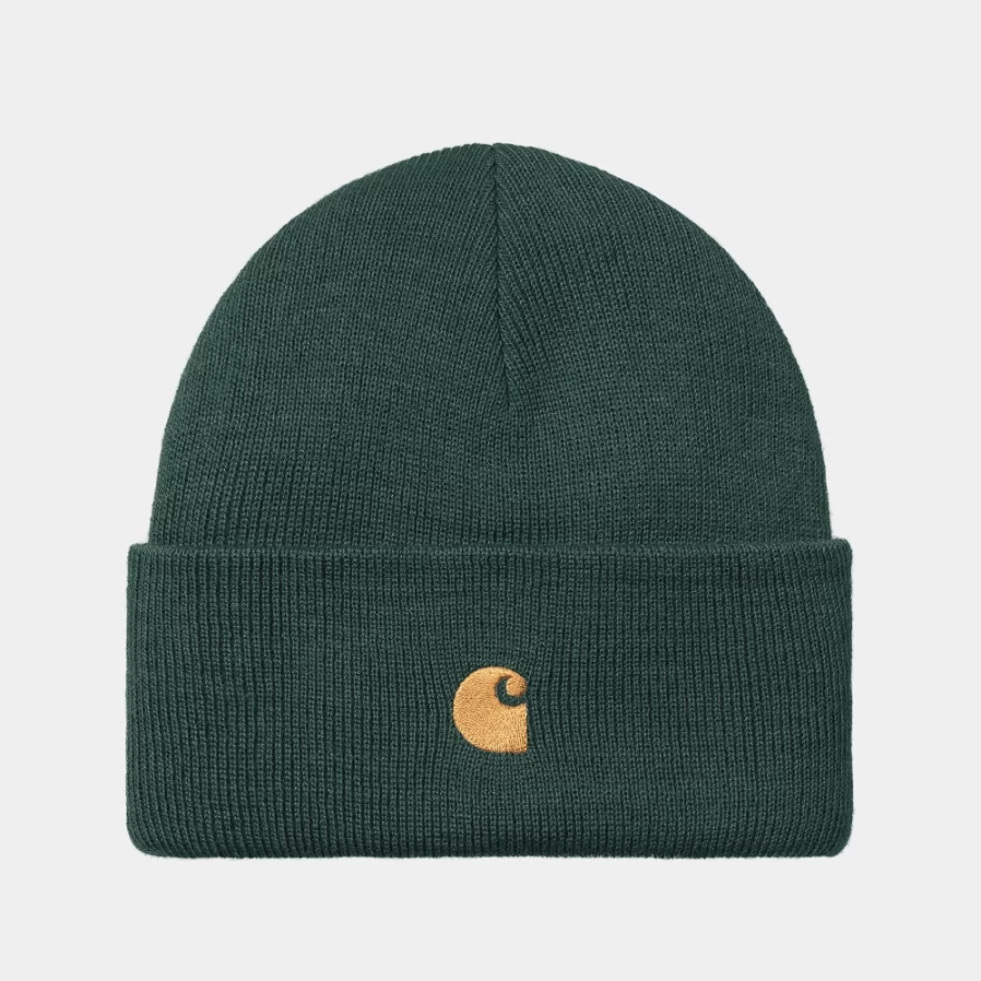 Carhartt WIP Chase Beanie in Discovery Green & Gold - Warm Knit Winter Hat