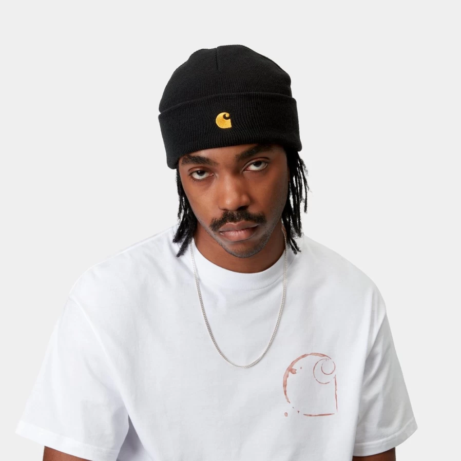 Carhartt WIP Chase Beanie - Black & Gold Winter Hat for Men & Women