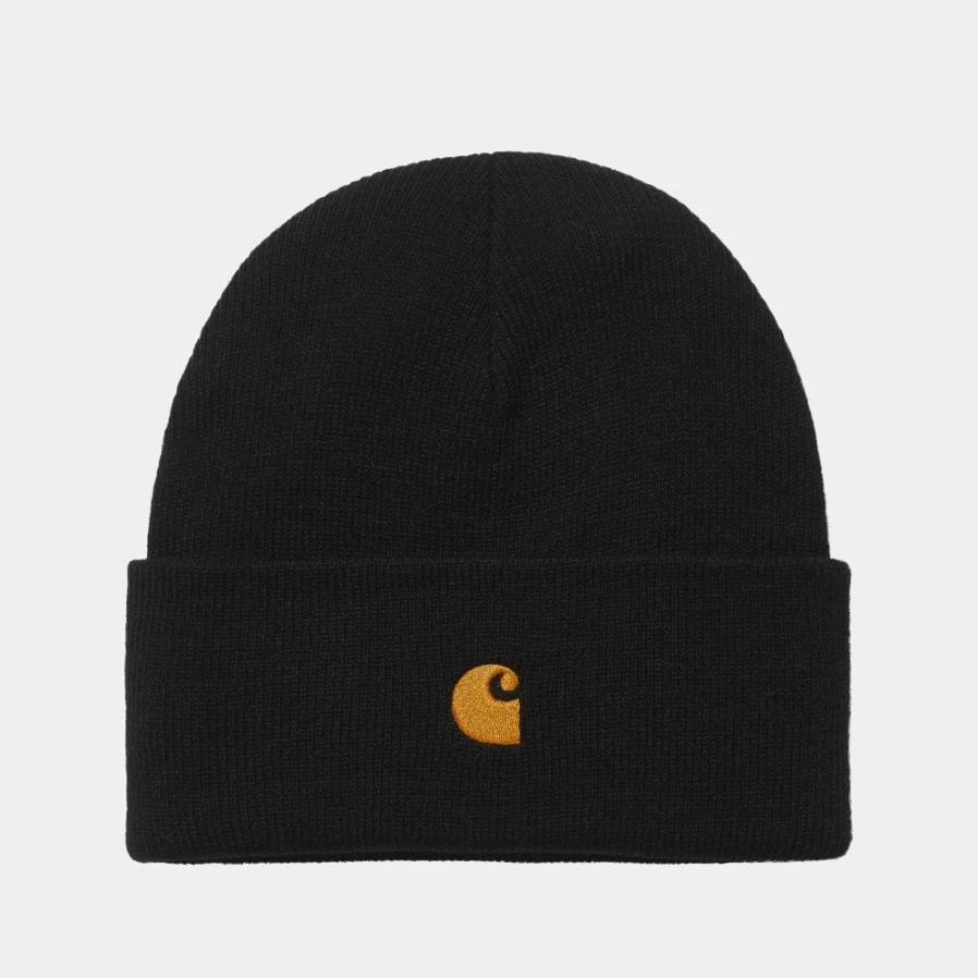 Carhartt WIP Chase Beanie - Black & Gold Winter Hat for Men & Women