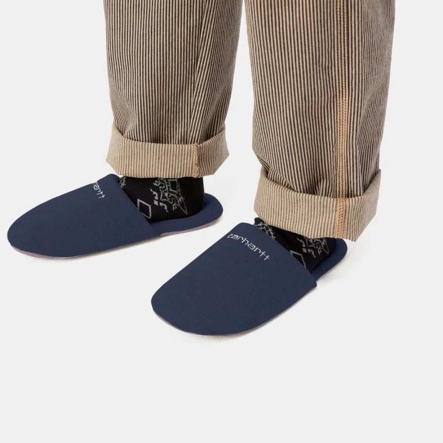 Carhartt WIP Script Embroidery Slippers in Enzian & White - Comfortable Embroidered House Shoes