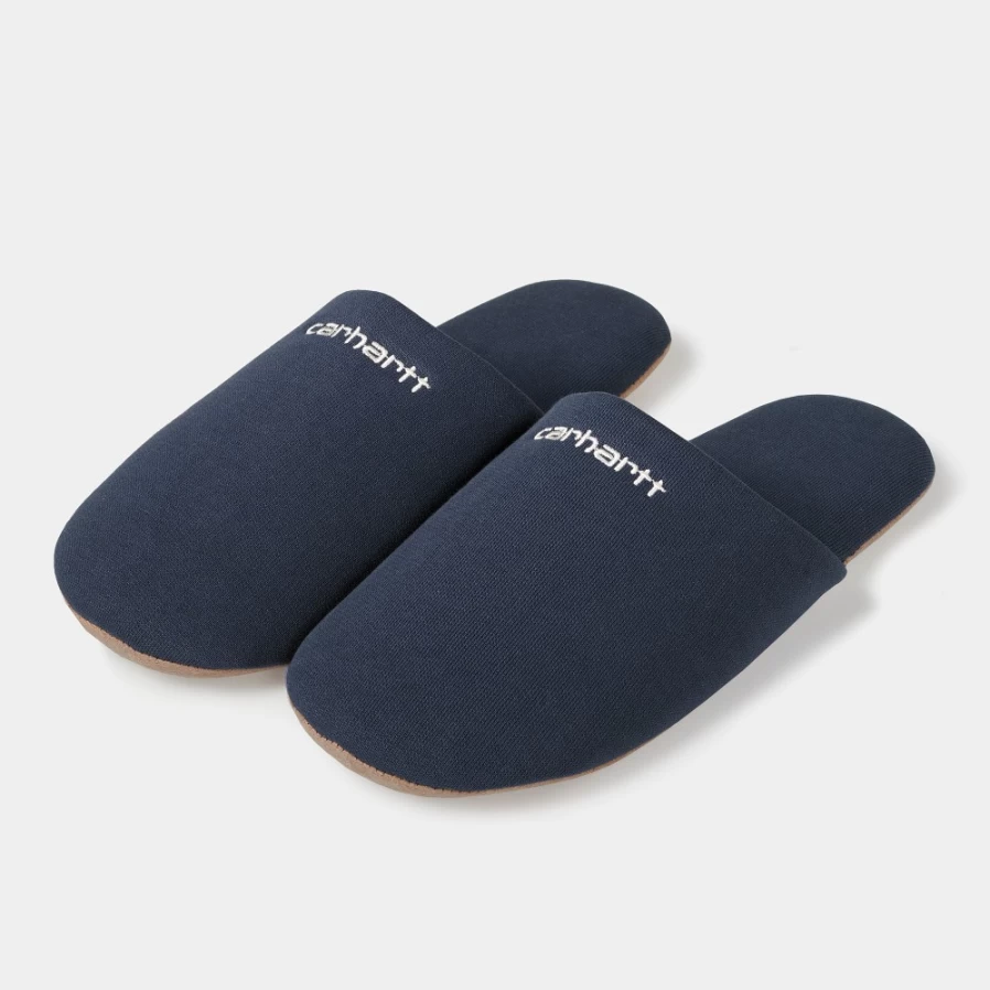 Carhartt WIP Script Embroidery Slippers in Enzian & White - Comfortable Embroidered House Shoes