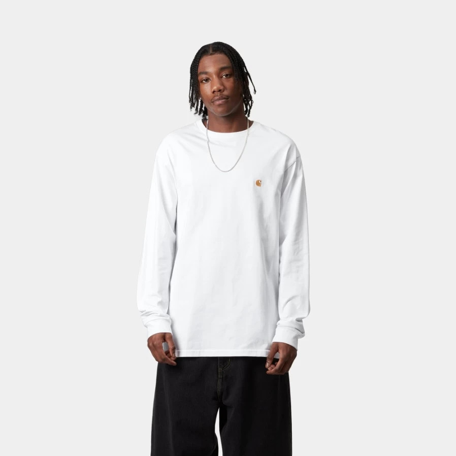 Carhartt WIP Men's L/S Chase T-Shirt in White & Gold - Long Sleeve Casual Tee