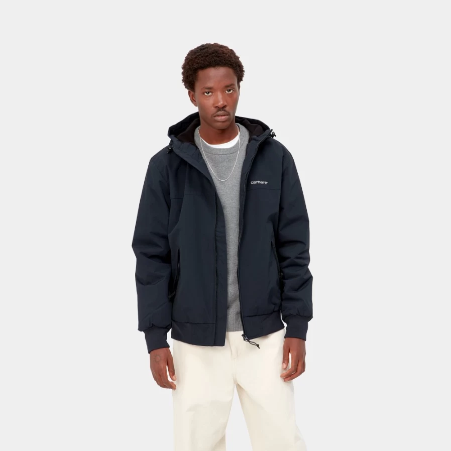 Carhartt WIP Men's Dark Navy & White Hooded Sail Jacket - Waterproof Windbreaker Coat