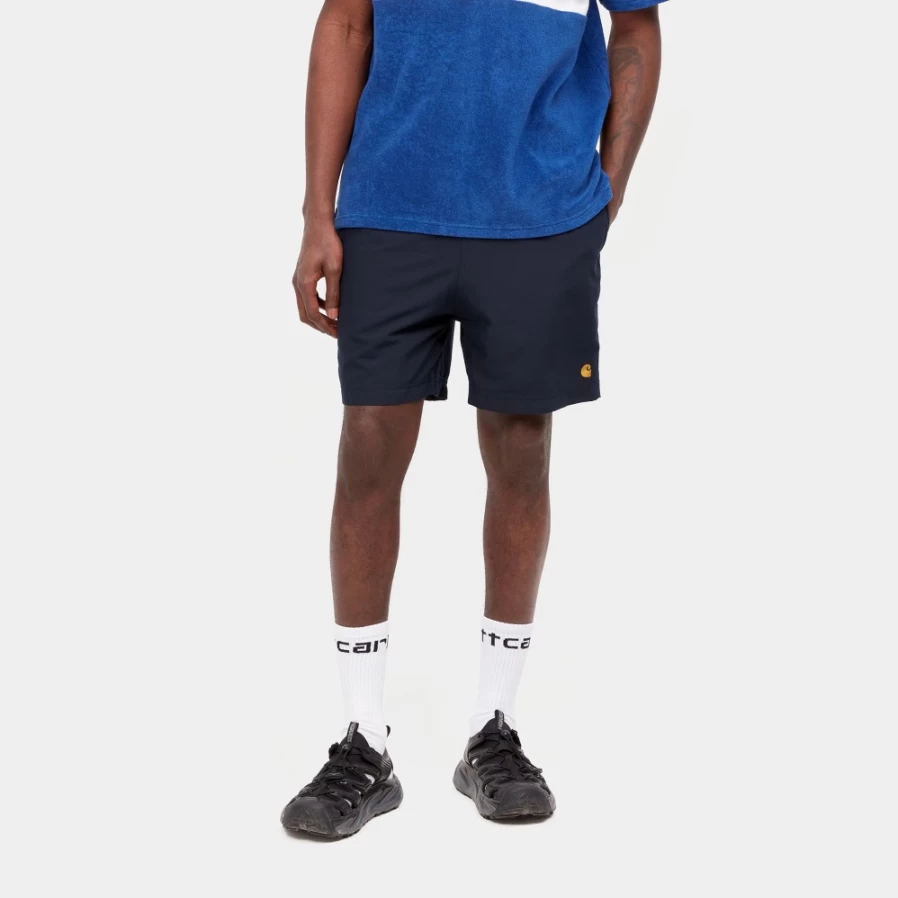 Carhartt WIP Men's Chase Swim Trunk in Dark Navy & Gold - Quick-Dry Swim Shorts