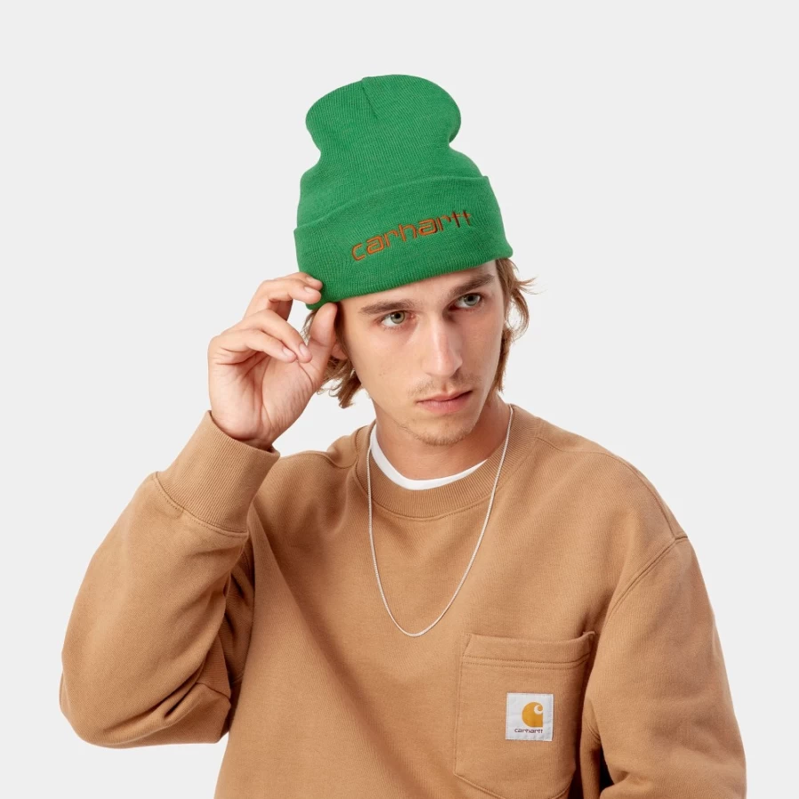 Carhartt WIP Script Beanie - Bonsai/Brick Color Knit Hat for Men & Women